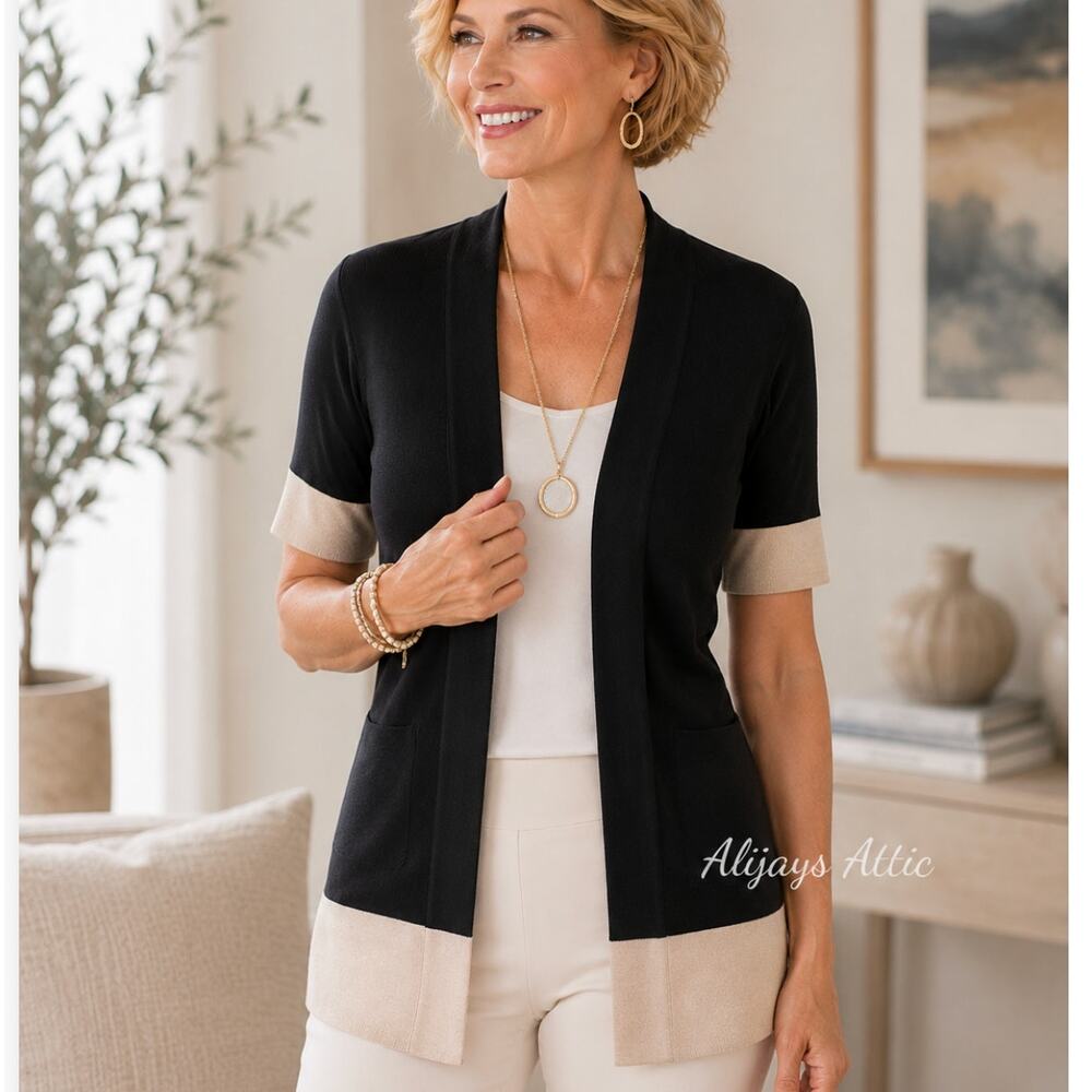 Chico's Erica Color Block Cardigan Black Beige Open Front Cotton Blend NWT S